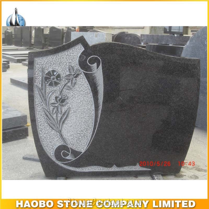 Cheap Chinese Black Granite Headstones with Flower Carving