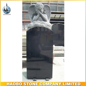 Haobo Shanxi Black Granite Carved Weeping Angel Upright Headstone
