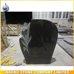 High Quality Black Upright Granite Carved Lily Headstone