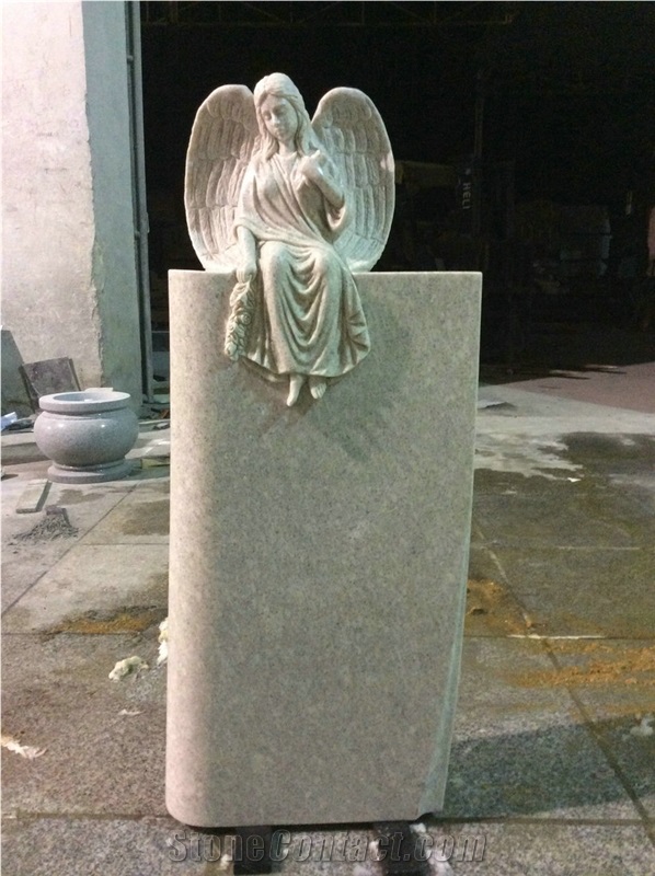 Pearl White Granite Headstone Carved Angel with Wings