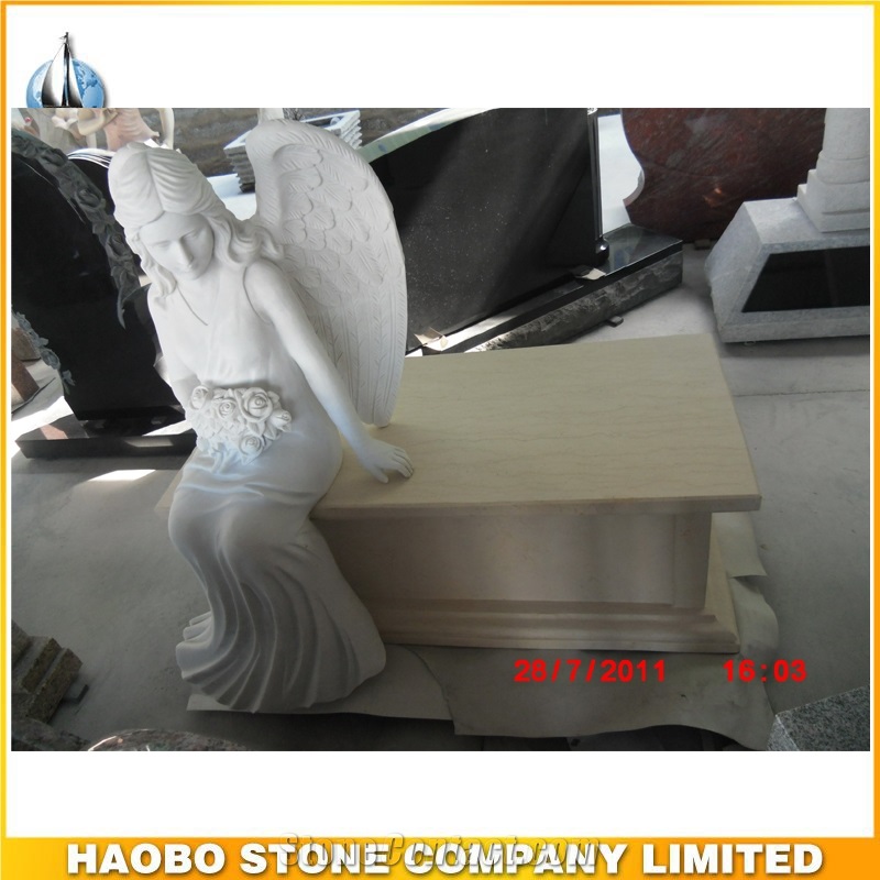 Unique Design White Marble Angel Headstone with Bench
