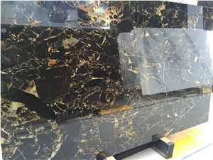 Athens Portopo Marble Slab, Polished Black Portopo with Golden Veins