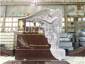 Carving Style, Natural Red Granite Monument with Cross, Stand Angel with Wings