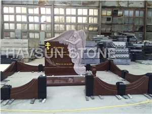 Carving Style, Natural Red Granite Monument with Cross, Stand Angel with Wings