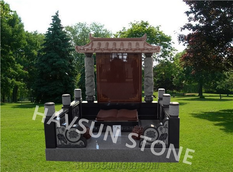 Chinese/Japanese/Korean Style Monument/Headstone, Black and Red Granite with Book and Carving