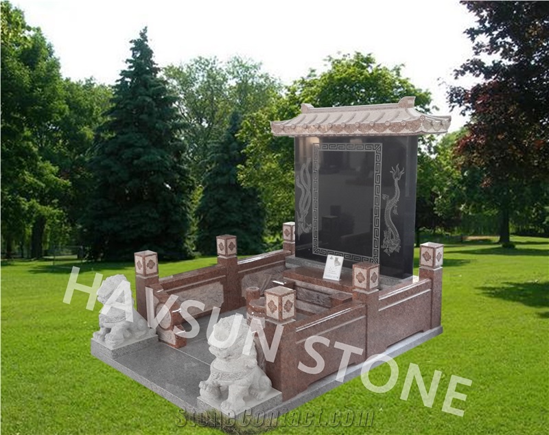 Japanese/Korean/Chinese Style, Natural Black and Pink/Red Granite Monument with Carving
