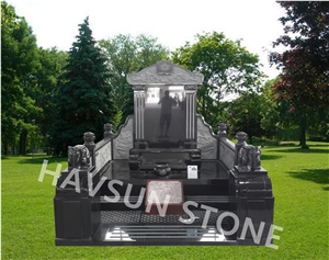 Natural Black Granite Monument Of Chinese/Japanese/Korean Style, with Carving and Statue