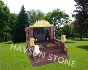 Red and Golden Monument/Headstone with Golden Lions Of Japanese/Korean/Chinese Style