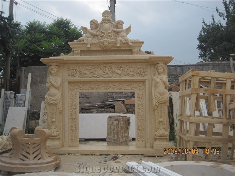 Luxury Galala Beige Marble Fireplace with Handcarved Sculpture