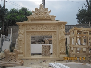 Luxury Galala Beige Marble Fireplace with Handcarved Sculpture