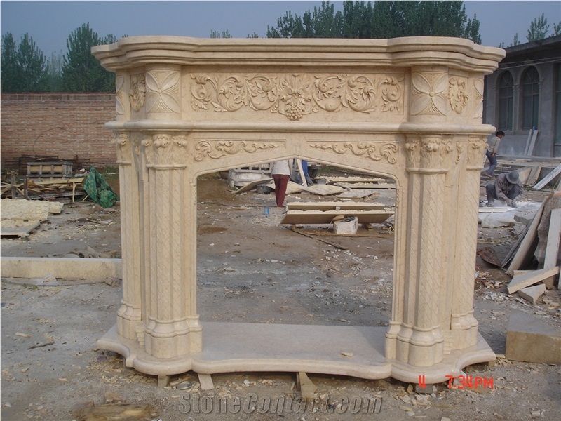 Sunny Beige Marble Fireplace Mantel with Columns Design