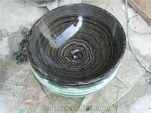 Black Wood Vein Marble Round Sink,Antique Wood Marble Basin