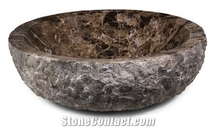 Dark Emperador Marble Round Stone Vessel Sinks & Basins, Rough Exterior