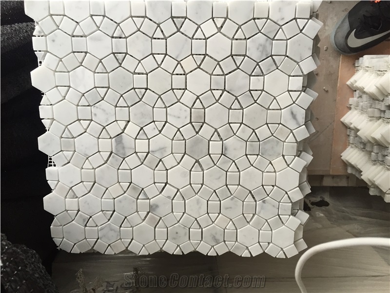 Hexagon and Round Coin Bianco Carrara Marble Mosaic Tile