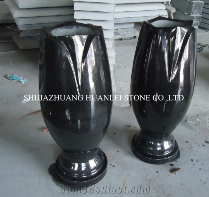 Black Granite Round Flower Vase, Cemetery Accessories Polished Turned Vases, Shanxi Black Granite Monument & Tombstone Accessories