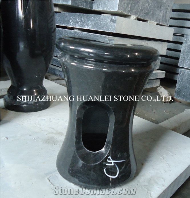 Black Granite Round Flower Vase, Cemetery Accessories Polished Turned Vases, Shanxi Black Granite Monument & Tombstone Accessories