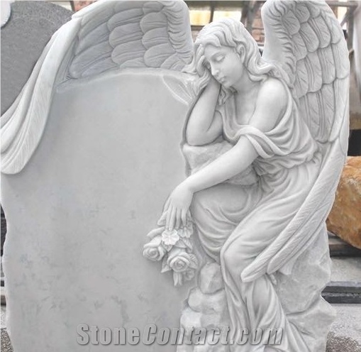 White Marble Angel Headstone with Wing