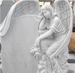 White Marble Angel Headstone with Wing
