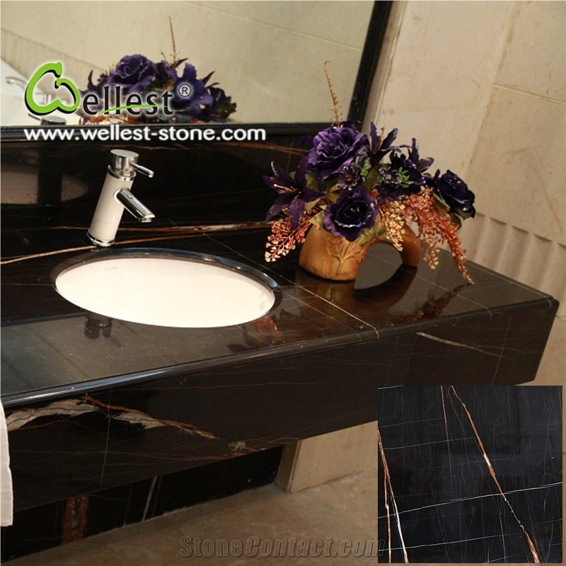 High-End Natural Golden Veins Black Tunisi Marble Bath Tops