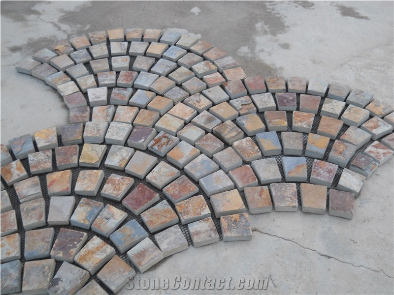 Fan Shaped Paving Stone on Mesh, Fan Shape Rust Slate Stone on Mesh,Rustic Brown and Multi Color Slate Meshed Fan Shape Paving Stone,Cobble and Cube Stone on Meshed