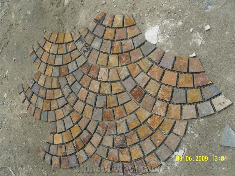 Fan Shaped Paving Stone on Mesh, Fan Shape Rust Slate Stone on Mesh,Rustic Brown and Multi Color Slate Meshed Fan Shape Paving Stone,Cobble and Cube Stone on Meshed