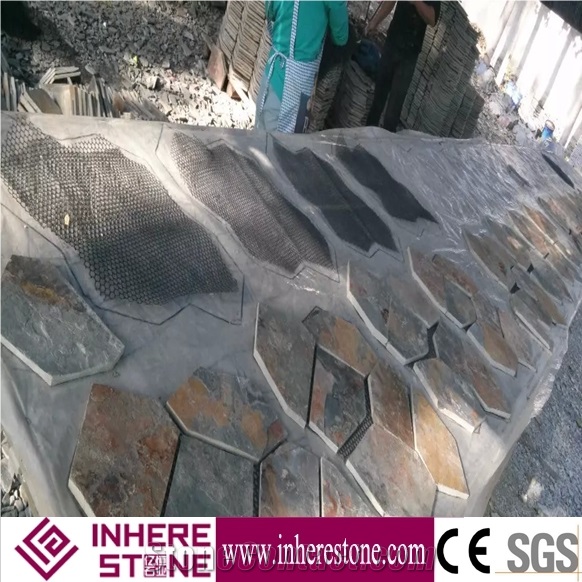 China Rust Slate Flagstine on Net,Rusty Yellow Slate Flagstone,China Yellow Slate Paving, Floor Covering