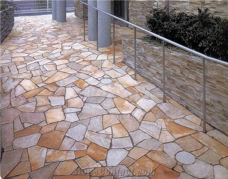 China Rustic Slate Random Flagstone Pavers for Road /Beige Slate Irregular Flagstones for Exterior Stone Floor Paving Walkway Pavers
