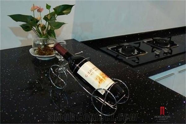 Artificial Engineered Black Galaxy Quartz Stone Kitchen Countertop