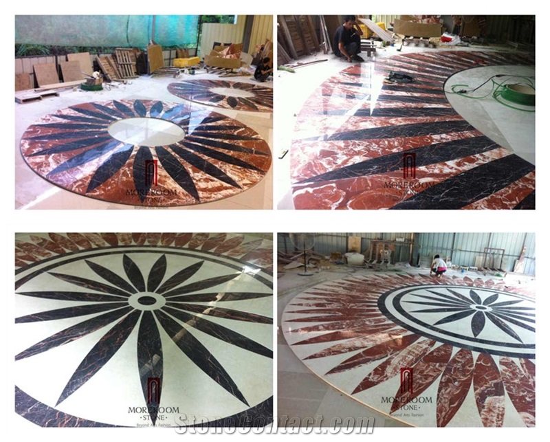 Big Size Red Marble and Beige Marble and Black Marble Flower Pattern Composite Waterjet Medallion