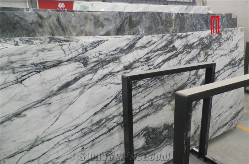 China White Marble with Dark Green Vein, Chinese Clivia Marble White Laminated Panel Flooring Designs