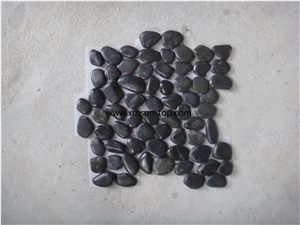 Black River Stone&Pebbles on Net, Round Pebbles Mesh Tile, Polished Pebbles, Pebble Pattern, Black Pebble on Mesh for Landscaping Decoration, Wall Cladding Pebble, Flooring Paving Pebble