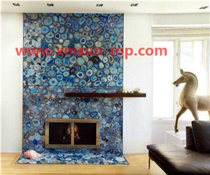 Blue Agate Tv Background Wall, Semi-Precious Stone Interior Walling, Blue Agate Stone Walling, Semi Precious Stone Fireplace Surround, Interior Decoration, Gemstone Slab for Wall Covering