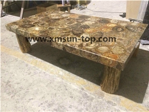 Brown Petrified Wood Semiprecious Stone Table Top Design/Brown Semiprecious Stone Reception Counter/Brown Stone Reception Desk/Semi-Precious Work Tops/Brown Stone Tabletops/Square Table Tops
