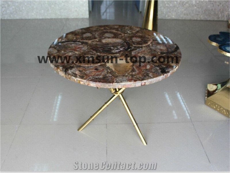 Brown Petrified Wood Semiprecious Stone Table Top Design/Brown Semiprecious Stone Reception Counter/Brown Stone Reception Desk/Semi-Precious Work Tops/Brown Stone Tabletops/Round Table Tops