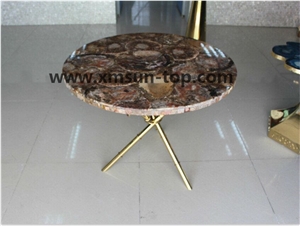 Brown Petrified Wood Semiprecious Stone Table Top Design/Brown Semiprecious Stone Reception Counter/Brown Stone Reception Desk/Semi-Precious Work Tops/Brown Stone Tabletops/Round Table Tops