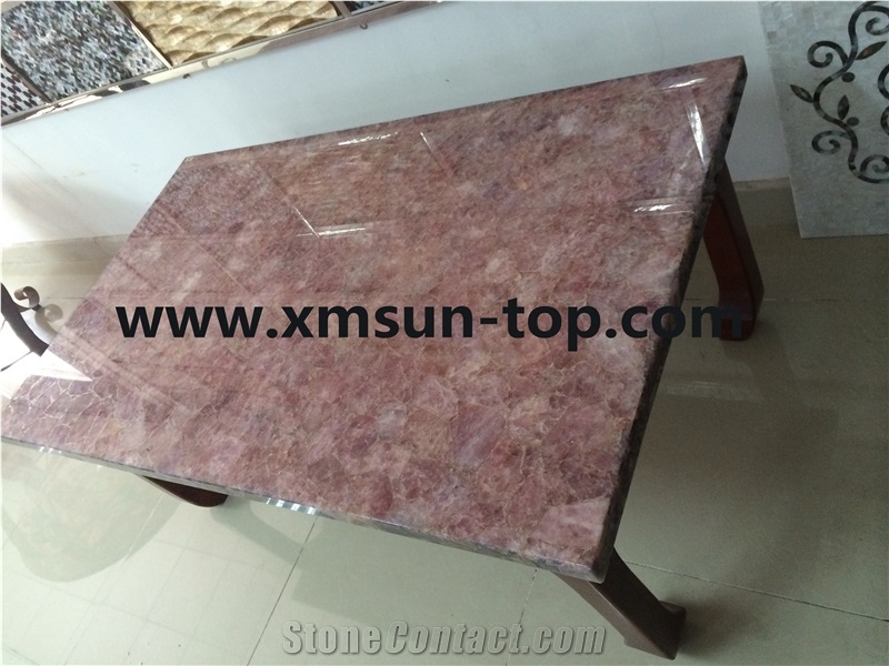 Dark Pink Semi Precious Stone Table Top Design/Pink Semiprecious Stone Reception Counter/Pink Stone Reception Desk/Semi-Precious Work Tops/Pink Stone Tabletops/Square Table Tops