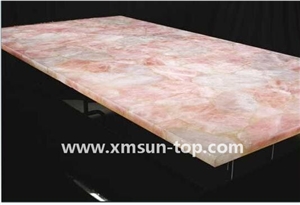 Light Pink Semi Precious Stone Table Top Design/Pink Semiprecious Stone Reception Counter/Pink Stone Reception Desk/Semi-Precious Work Tops/Pink Stone Inlayed Tabletops/Square Table Tops