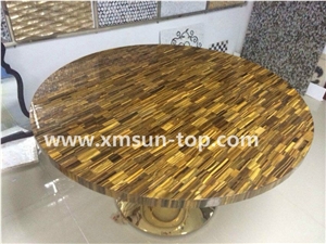 Yellow Tiger Eye Semi-Precious Stone Table Tops/Dark Yellow Semiprecious Stone Reception Desk/Agate Work Top/Round Table Tops/Solid Surface Table Tops/Polished Desktops/Interior Stone