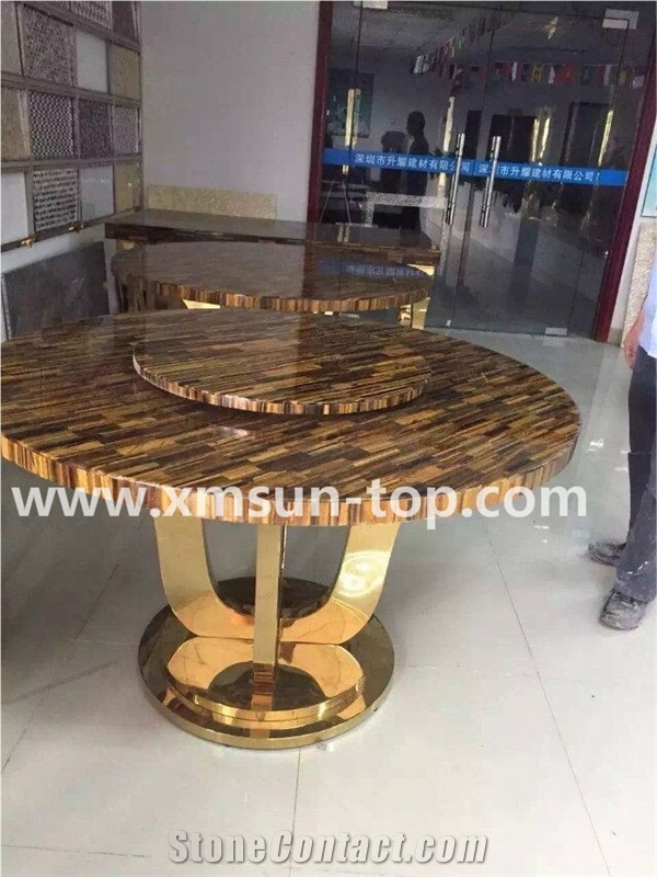 Yellow Tiger Eye Semi-Precious Stone Table Tops/Dark Yellow Semiprecious Stone Reception Desk/Agate Work Top/Round Table Tops/Solid Surface Table Tops/Polished Desktops/Interior Stone
