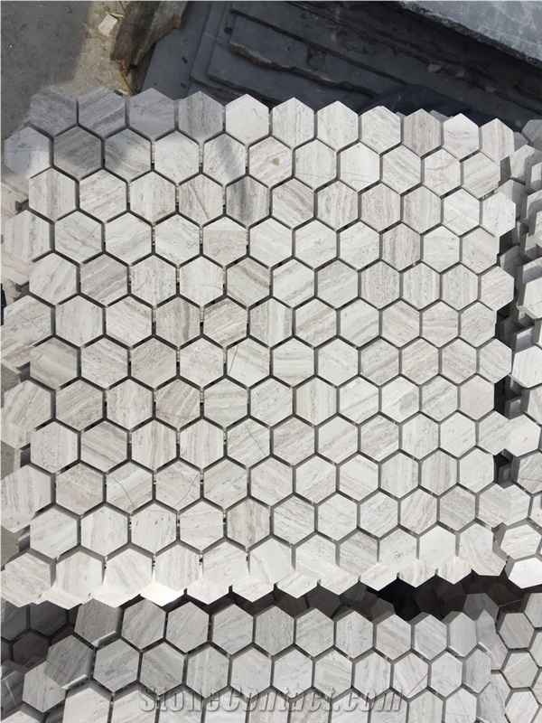 White Wood Marble Chenille Mosaic Tiles/ Hexagonal 1 Inch/ Customized Size Design/ Polished Surface Garden & Balcony Kitchen Marble and Glass Mosaic