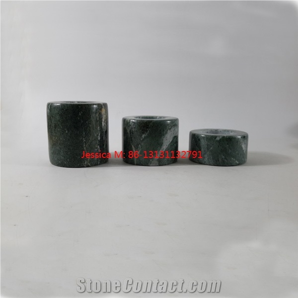 Cylinder Shape Green Marble Stone Tealight Candle Holders Set Of 3