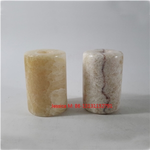 Cylinder Shape Yellow Jade Marble Stone Candle Stick Holders