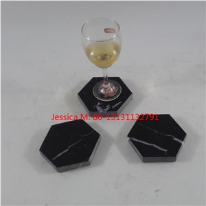 Hexagonal Shape Marble Cup Coaster 、White Stripe in Black，Black Marquina ， Nero Margiua ， Nero Oriental Marble Drink Coasters