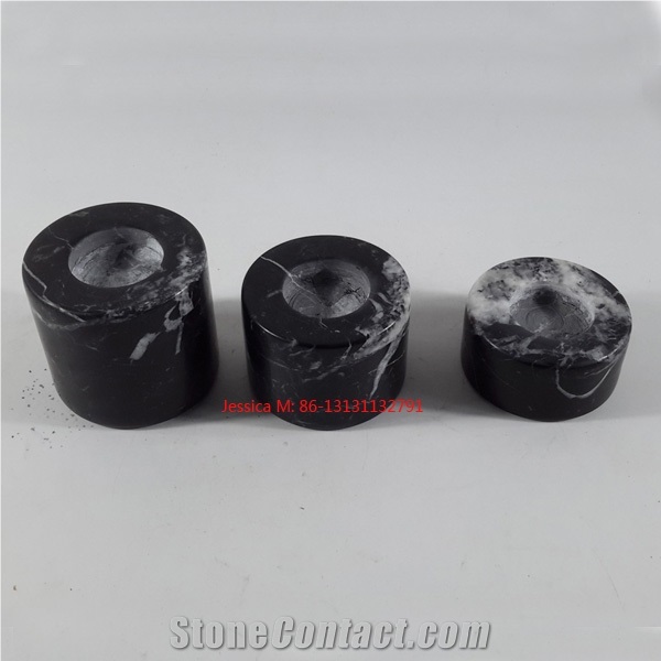 Set Of 3 White Stripe in Black Marble, Black Marquina, Nero Margiua, Nero Oriental Cylinder Shape Marble Tealight Candle Holders