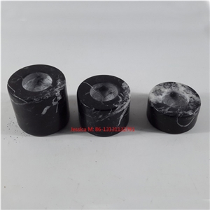 Set Of 3 White Stripe in Black Marble, Black Marquina, Nero Margiua, Nero Oriental Cylinder Shape Marble Tealight Candle Holders