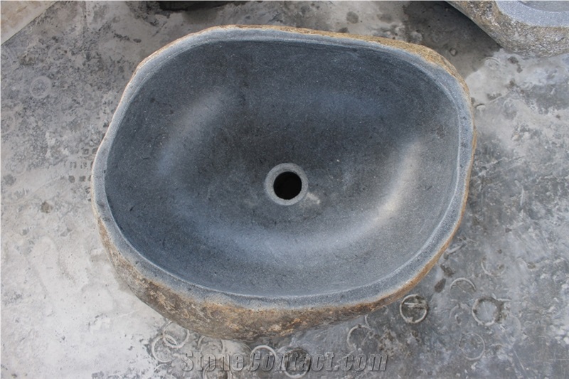 Bathroom Wash Oval Basins, Indonesia River Natural Stone Grey Stone Wash Basin, Pebbles Round Wash Basin