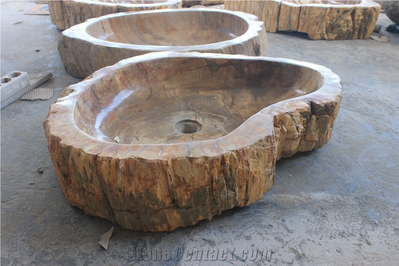 Indonesia Petrified Wood Oval Basins, Brown Petrified Wood Semiprecious Stone Basin, Petrified Wood Sink Manmade Stone Round Basin