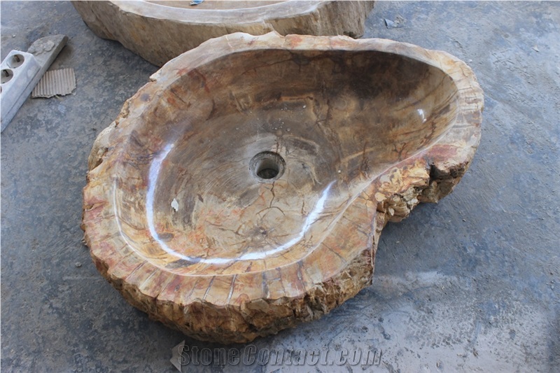 Indonesia Petrified Wood Oval Basins, Brown Petrified Wood Semiprecious Stone Basin, Petrified Wood Sink Manmade Stone Round Basin