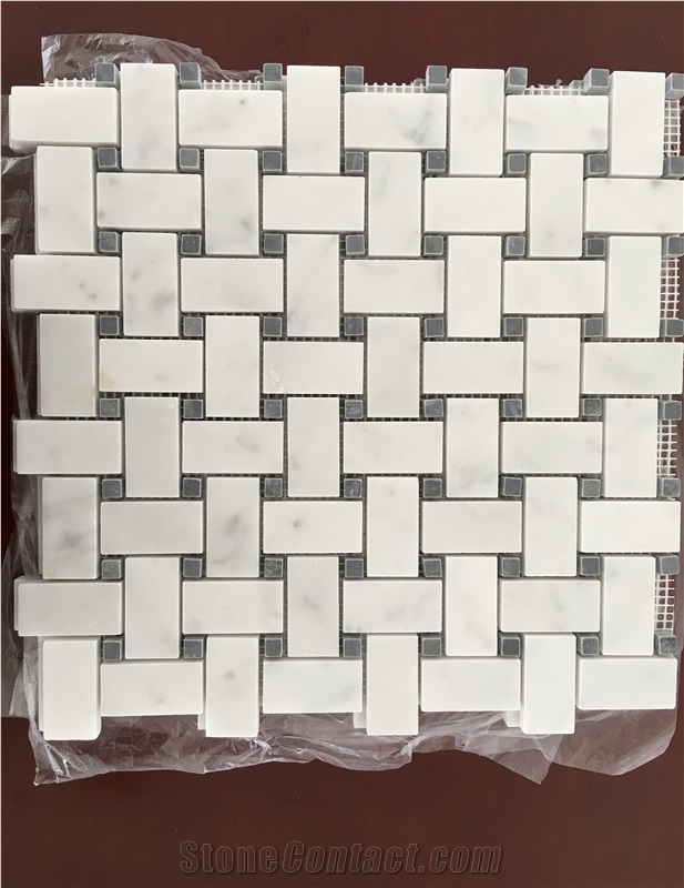 Basketwave Marble Mosaic Tile, Bianco Carrara C White Marble Mosaic