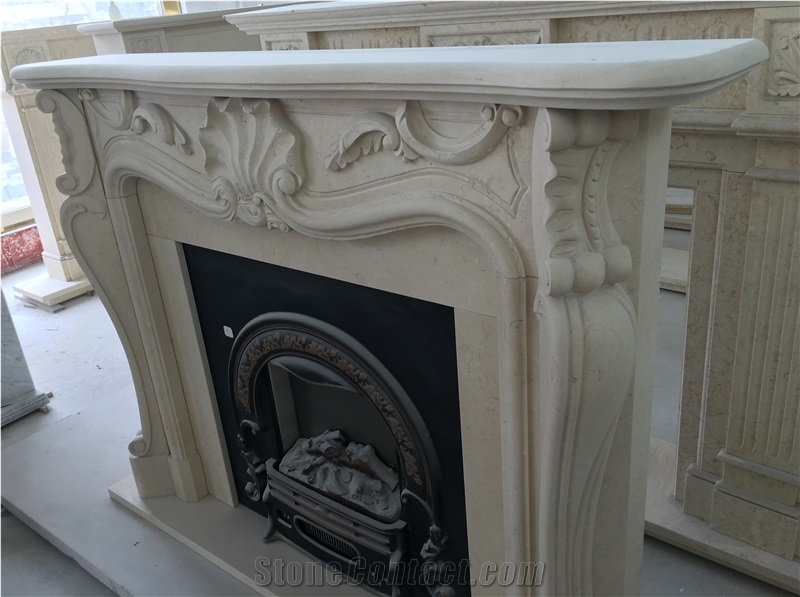 Carved Marble Fireplace, Beige Marble Fireplace